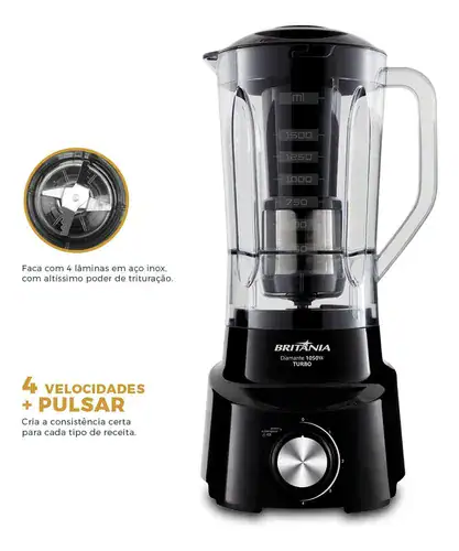 Liquidificador Diamante 2,65 L Com 4 Lâminas 1050W de Potência Cor Preto Britânia - Miniatura 6