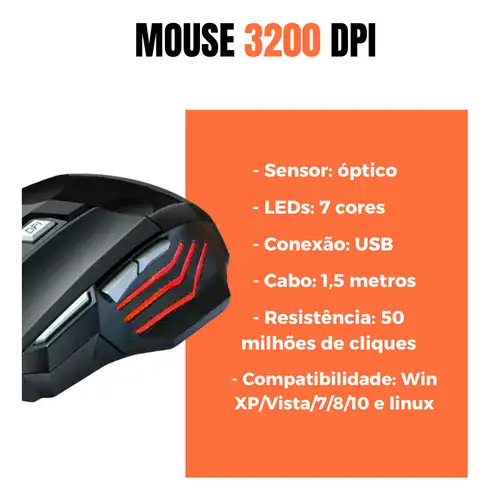 Mouse Gamer Para Jogo 3.200 Dpi Óptico Com Led Rgb Usb 7 Botões 4 Velocidades Dpi Ergométrico Casenn Preto - Miniatura 4