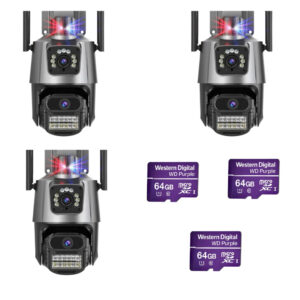 Kit 3x Câmera de Segurança Inteligente P11 Wi-Fi 4K | Dupla Lente PTZ + Fixa | Giro 360° | Visão Noturna Colorida | Áudio Bidirecional | Detecção Humana & Luz Alerta – Compatible com Alexa e Google Home  + 3 Cartão de 64GB